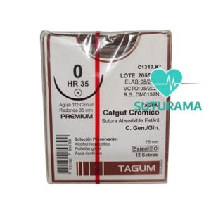 Sutura Absorbible Catgut Cromico 0 - Aguja Ahusada 35 mm / Hebra 75 cm - Tagum C1317.k | Profesional | Caja x12