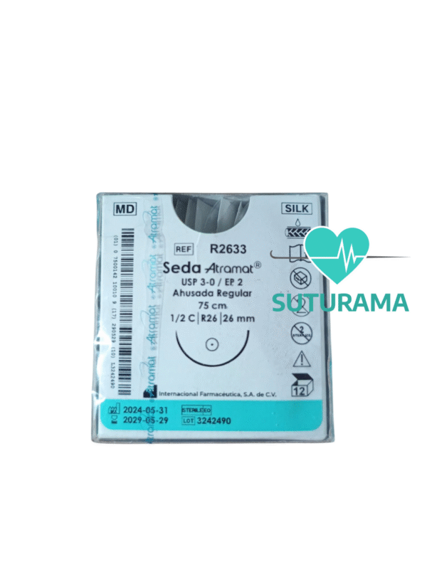 Sutura No Absorbible de Seda Silk 3-0 - Aguja Ahusada 26 mm / Hebra 75 cm - Atramat R2633 | Profesional | Caja x12 Etiqueta de Sutura No Absorbible de Seda Silk 3-0 - Aguja Ahusada 26 mm / Hebra 75 cm - Atramat R2633 | Profesional | Caja x12