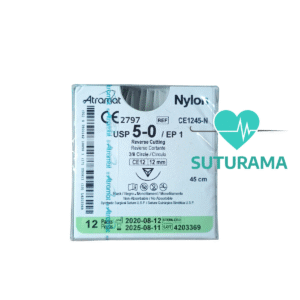 etiqueta Sutura No Absorbible de Nylon 5-0 - Aguja Cortante 12 mm / Hebra 45 cm - Atramat CE1245-N | Profesional | Caja x12
