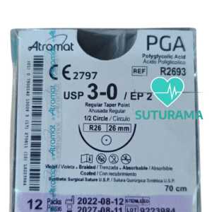 Etiqueta Acido Poliglicolico PGA 3-0 Aguja ahusada regular de 26 mm Hebra 70 cm Violeta Atramat R2693