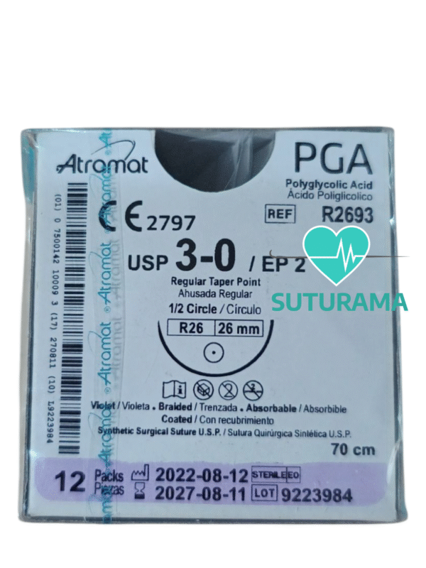 Etiqueta Acido Poliglicolico PGA 3-0 Aguja ahusada regular de 26 mm Hebra 70 cm Violeta Atramat R2693