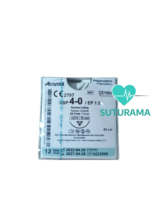 etiqueta Sutura No Absorbible de Polipropileno 4-0 - Aguja Cortante 19 mm / Hebra 45 cm - Atramat CE1964 | Profesional | Caja x12