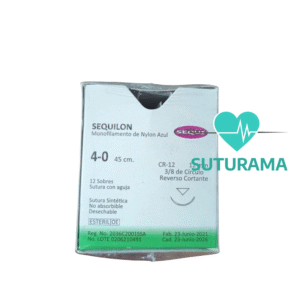 etiqueta Sutura No Absorbible de Nylon 4 - Aguja Reverso Cortante 12 mm / Hebra 45 cm - Sequillon | Profesional | Caja x12