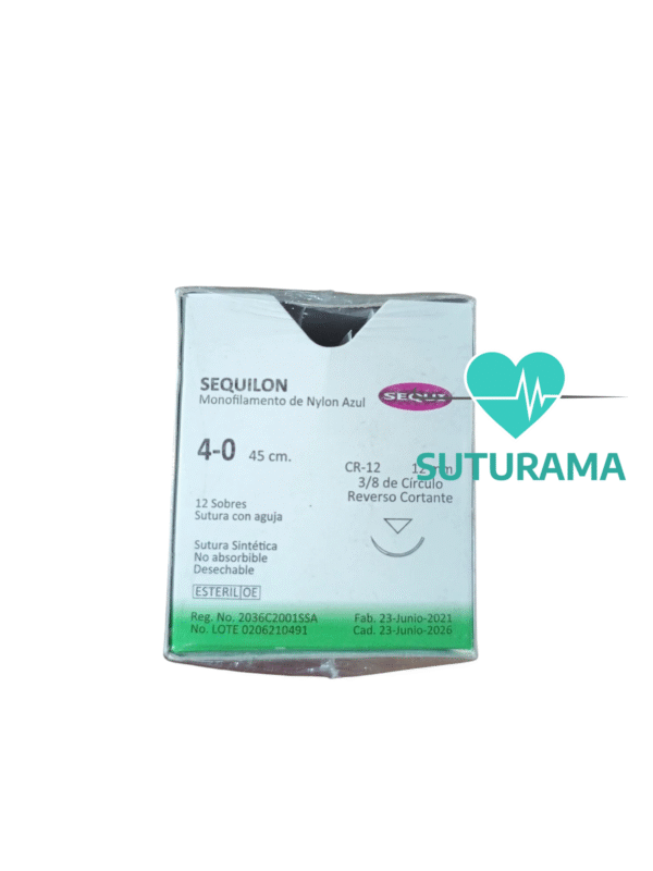 etiqueta Sutura No Absorbible de Nylon 4 - Aguja Reverso Cortante 12 mm / Hebra 45 cm - Sequillon | Profesional | Caja x12