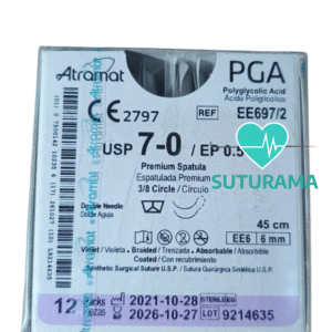 etiqueta Sutura Absorbible de Ácido Poliglicólico PGA 7-0 - Aguja Espatulada Doble Armada 6 mm / Hebra 45 cm (Violeta) - Atramat EE697/2 | Profesional | Caja x12