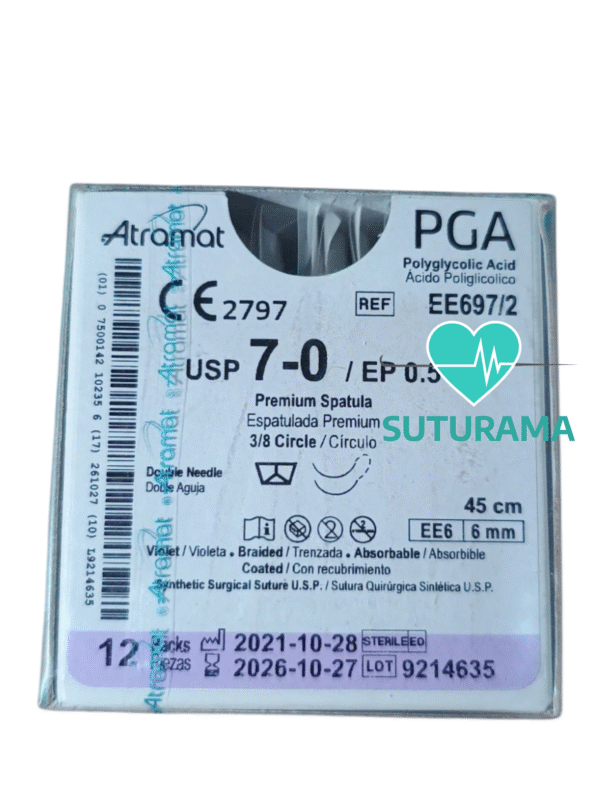 etiqueta Sutura Absorbible de Ácido Poliglicólico PGA 7-0 - Aguja Espatulada Doble Armada 6 mm / Hebra 45 cm (Violeta) - Atramat EE697/2 | Profesional | Caja x12