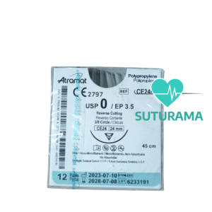 etiqueta Sutura No Absorbible de Polipropileno 0 - Aguja Reverso Cortante 24 mm / Hebra 45 cm - Atramat CE2461 | Profesional | Caja x12