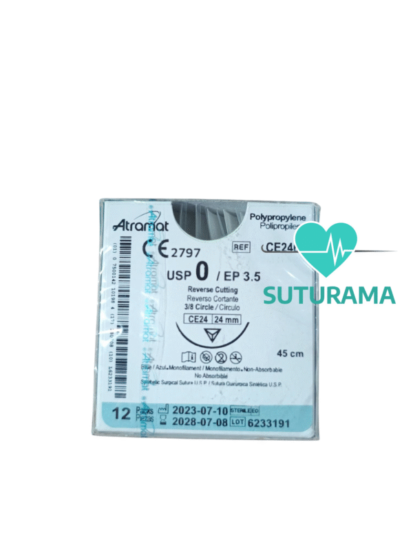 etiqueta Sutura No Absorbible de Polipropileno 0 - Aguja Reverso Cortante 24 mm / Hebra 45 cm - Atramat CE2461 | Profesional | Caja x12