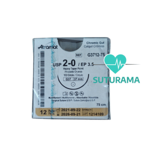 etiqueta Sutura Absorbible Catgut Cromico 2 - Aguja Ahusada Gruesa 37 mm / Hebra 75 cm - Atramat G3712-75 | Profesional | Caja x12