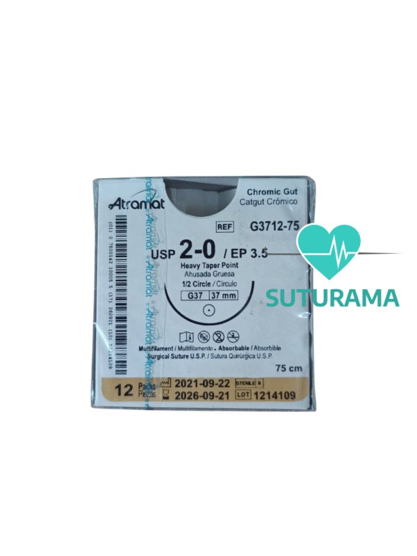 Sutura Absorbible Catgut Cromico 2 - Aguja Ahusada Gruesa 37 mm / Hebra 75 cm - Atramat G3712-75 | Profesional | Caja x12 etiqueta Sutura Absorbible Catgut Cromico 2 - Aguja Ahusada Gruesa 37 mm / Hebra 75 cm - Atramat G3712-75 | Profesional | Caja x12