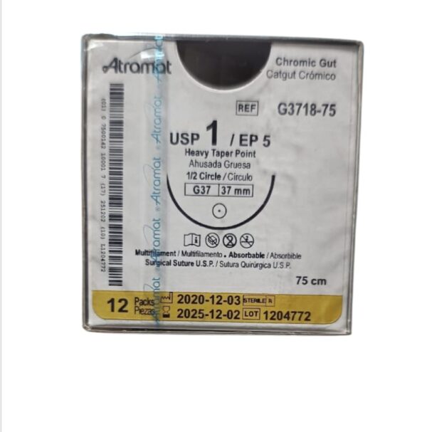 Caja de suturas quirúrgicas Atramát G3718-75, hilo 1/2 de 75 cm con aguja curva 37 mm, punta cortante. Contiene 12 unidades, estéril, de uso médico.