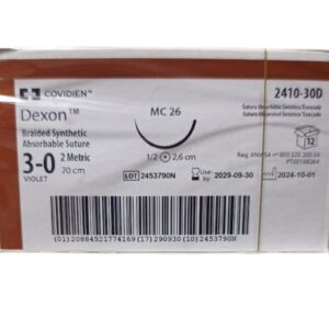 Caja de suturas sintéticas absorbibles Dexon MC26, hilo 3-0 de 70 cm con aguja curva 2,6 cm, punta cortante. Contiene 12 unidades, estéril, de uso médico.