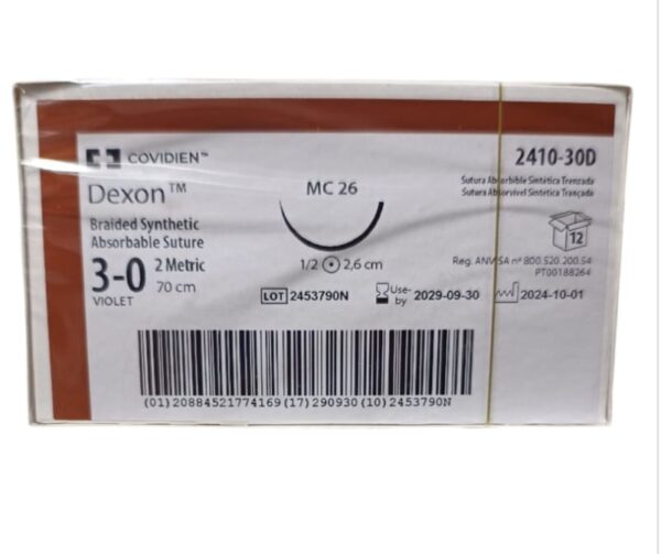 Caja de suturas sintéticas absorbibles Dexon MC26, hilo 3-0 de 70 cm con aguja curva 2,6 cm, punta cortante. Contiene 12 unidades, estéril, de uso médico.