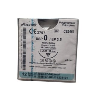 Sutura Polipropileno 0 - Aguja Reverso Cortante 24mm / Hebra 45cm - Atramat CE2461 | Caja x12 Sutura no absorbible Polipropileno 0 Atramat CE2461 con aguja reverso cortante 24mm y hebra 45cm. Ideal para cirugía de alta tensión. Precio $400 caja x12 unidades. Stock 6 cajas.