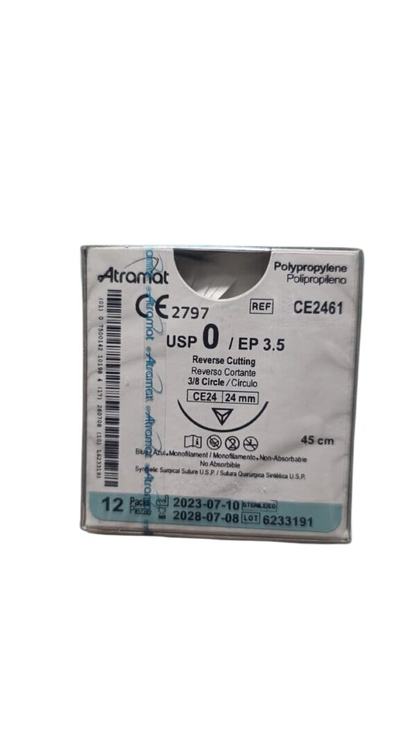 Sutura Polipropileno 0 - Aguja Reverso Cortante 24mm / Hebra 45cm - Atramat CE2461 | Caja x12 Sutura no absorbible Polipropileno 0 Atramat CE2461 con aguja reverso cortante 24mm y hebra 45cm. Ideal para cirugía de alta tensión. Precio $400 caja x12 unidades. Stock 6 cajas.
