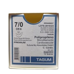 Sutura Polipropileno 7-0 Cardiovascular - Doble Aguja Redonda 8mm / Hebra 60cm - Tagum DR8 | Caja x12 Sutura Polipropileno 7-0 Cardiovascular - Doble Aguja Redonda 8mm / Hebra 60cm - Tagum DR8 | Caja x12