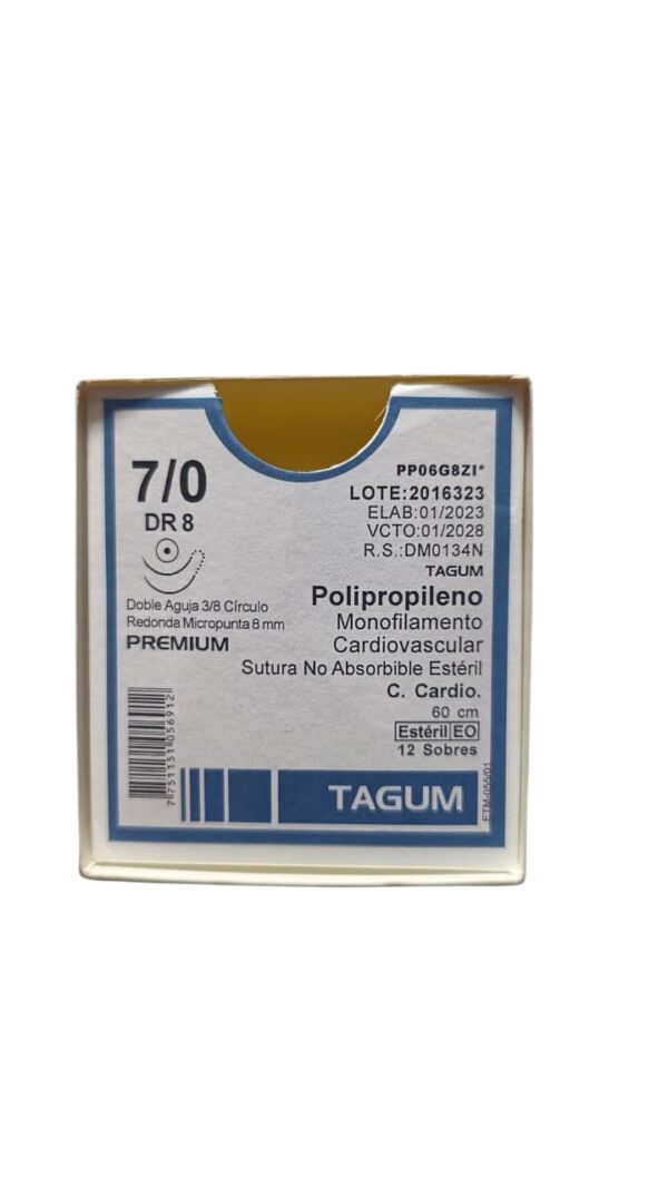 Sutura Polipropileno 7-0 Cardiovascular - Doble Aguja Redonda 8mm / Hebra 60cm - Tagum DR8 | Caja x12 Sutura Polipropileno 7-0 Cardiovascular - Doble Aguja Redonda 8mm / Hebra 60cm - Tagum DR8 | Caja x12