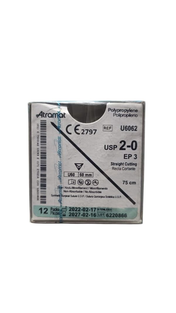 Sutura Polipropileno 2-0 - Aguja Recta Cortante 60mm / Hebra 75cm - Atramat U6062 | Caja x12 Sutura Polipropileno 2-0 - Aguja Recta Cortante 60mm / Hebra 75cm - Atramat U6062 | Caja x12